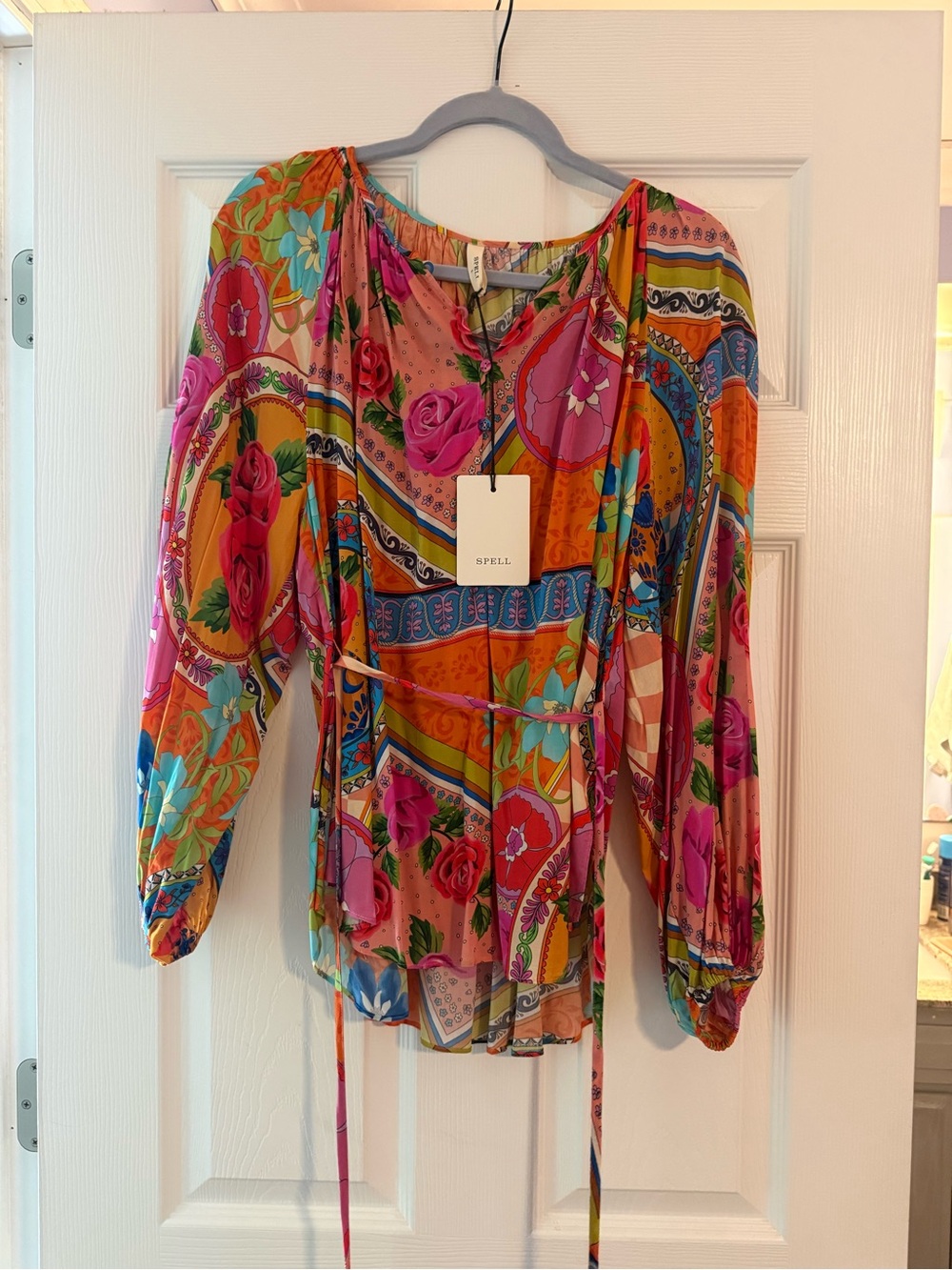 Spell Vibrant Floral Peasant Blouse in Orange, Pink & Blue